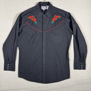 Ely Diamond Vintage Western Shirt Black L Pearl‎ Snap Red Rose Embroidery